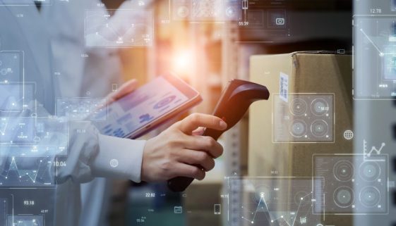 Electronic inventory management concept. logistics tech. RFID. B