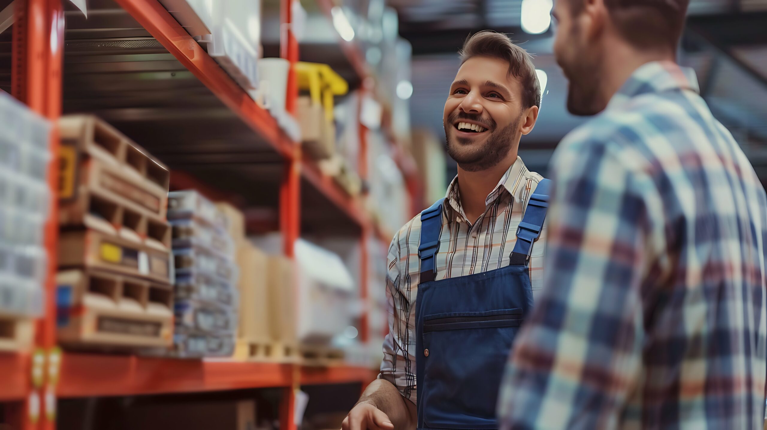 Two men standing in a warehouse in front of storage racking.