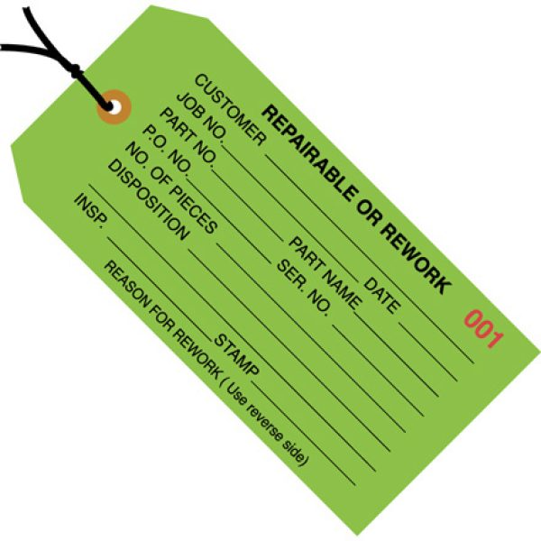 4 3/4" x 2 3/8" - "Repairable or Rework" Inspection Tags - Pre-Strung