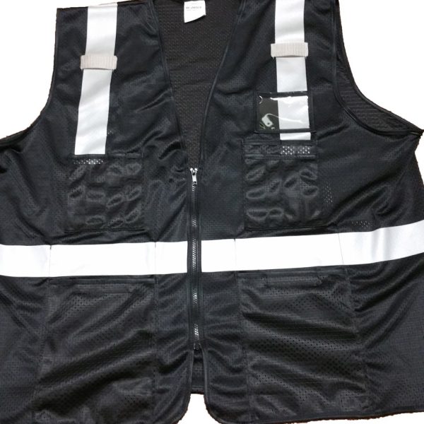 Black Mesh Safety Vest with Silver Hi-Gloss Stripes