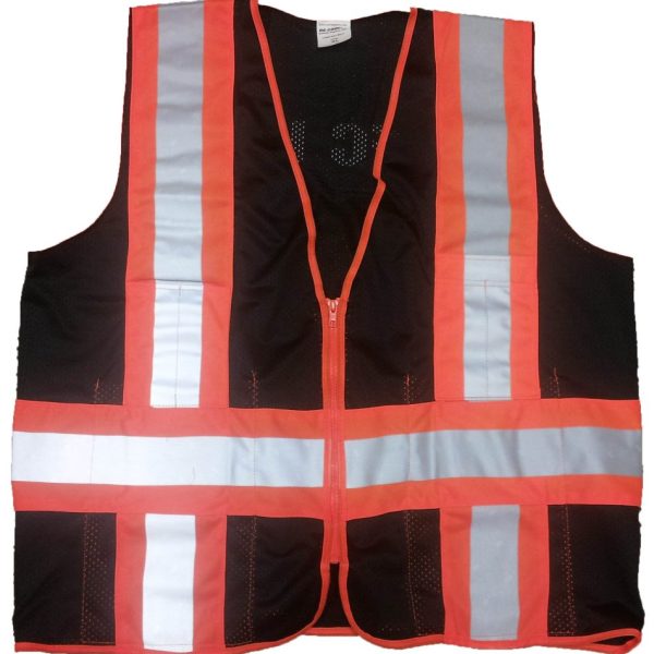 Black Mesh Safety Surveyor Vest with Orange/Silver Stripes