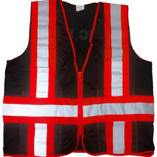 Black Mesh Safety Vest with ANSI Red/Silver Laminated Stripes